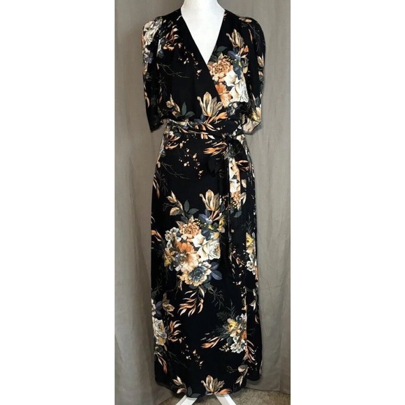 AFRM NORDSTROM Black Floral Midi Wrap Dress Womens Size Small Tie Waist NWT - Picture 13 of 16
